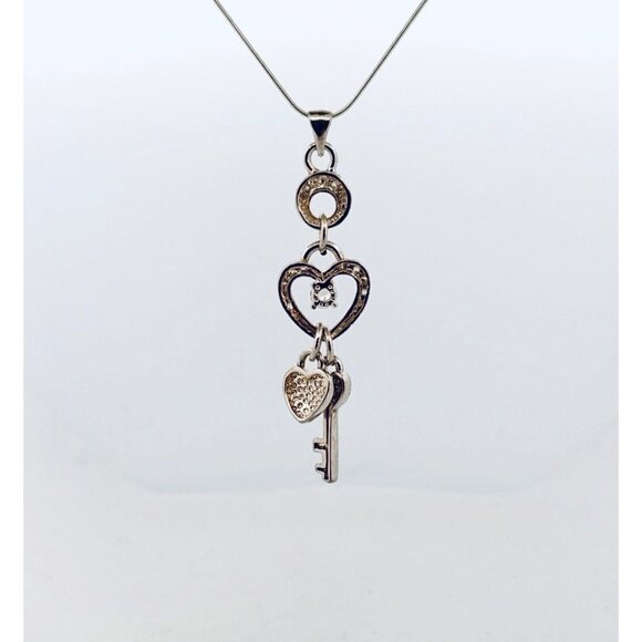 Sterling Silver 925 Heart Key Pendant Necklace with Sparkling Stones 18" - Picture 3 of 11